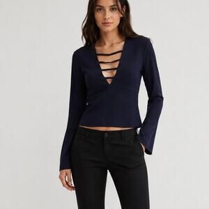 INTERMIX Bell Sleeve V-neck Bouse Navy Blue Size Small